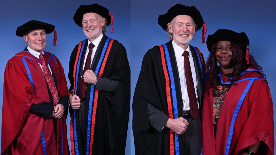 Collage of two images - image on left shows two men (one on right older), both in ceremonial outfits. Image on right, is the older man with woman on his right in ceremonial dress
