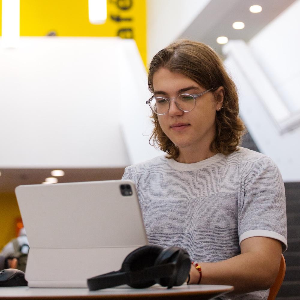 A student working at a laptop.
