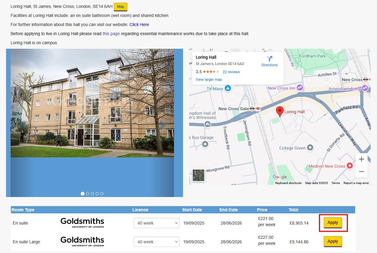 Screenshot of halls address and map page from the online accommodation application portal