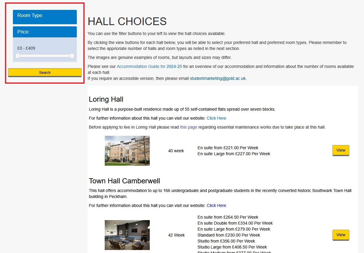 Screenshot of hall choices webpage in the online accommodation application portal
