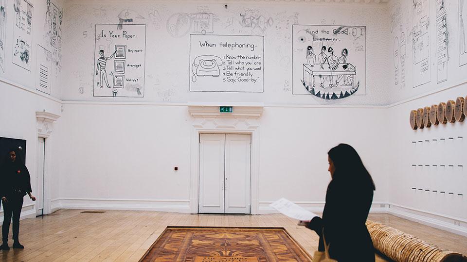 People viewing art at an exhibition at the South London Gallery, Camberwell