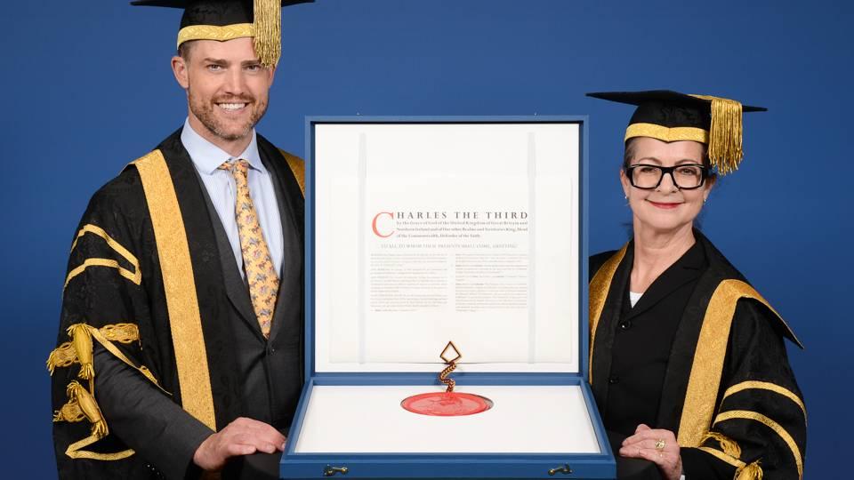 Tom Sleigh, Chair of Council  and the Vice-Chancellor, Professor Frances Corner OBE