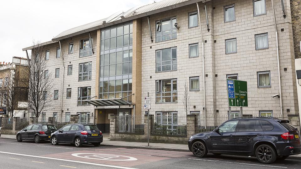 Outside Chesterman House halls, a four-storey modern building with large windows