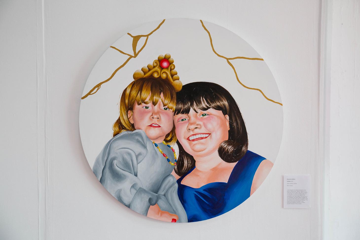 An artwork featuring two crowned individuals, one is a child and the other older 