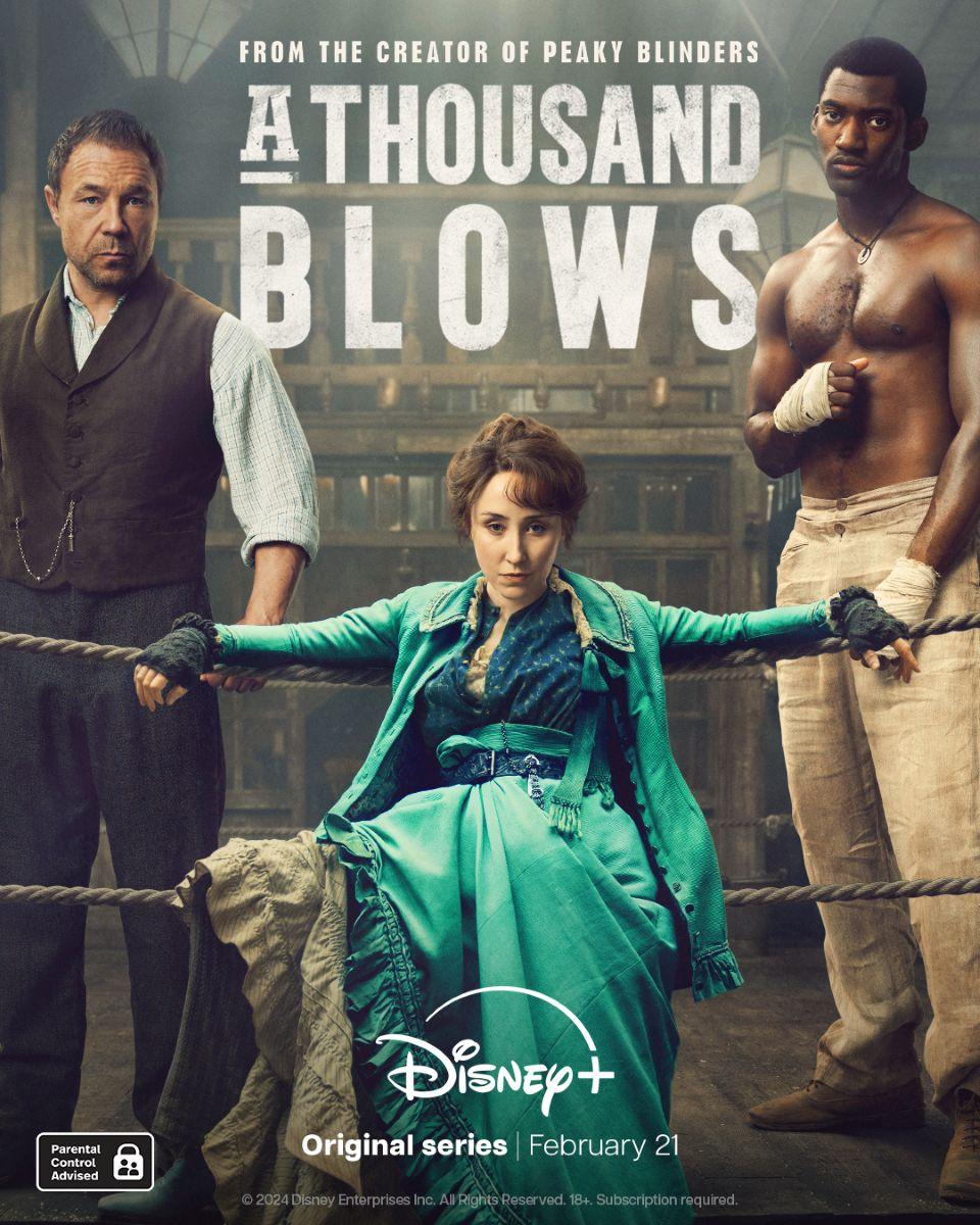 Poster for the series A Thousand Blows showing two men and a woman in Victorian dress in a boxing ring 