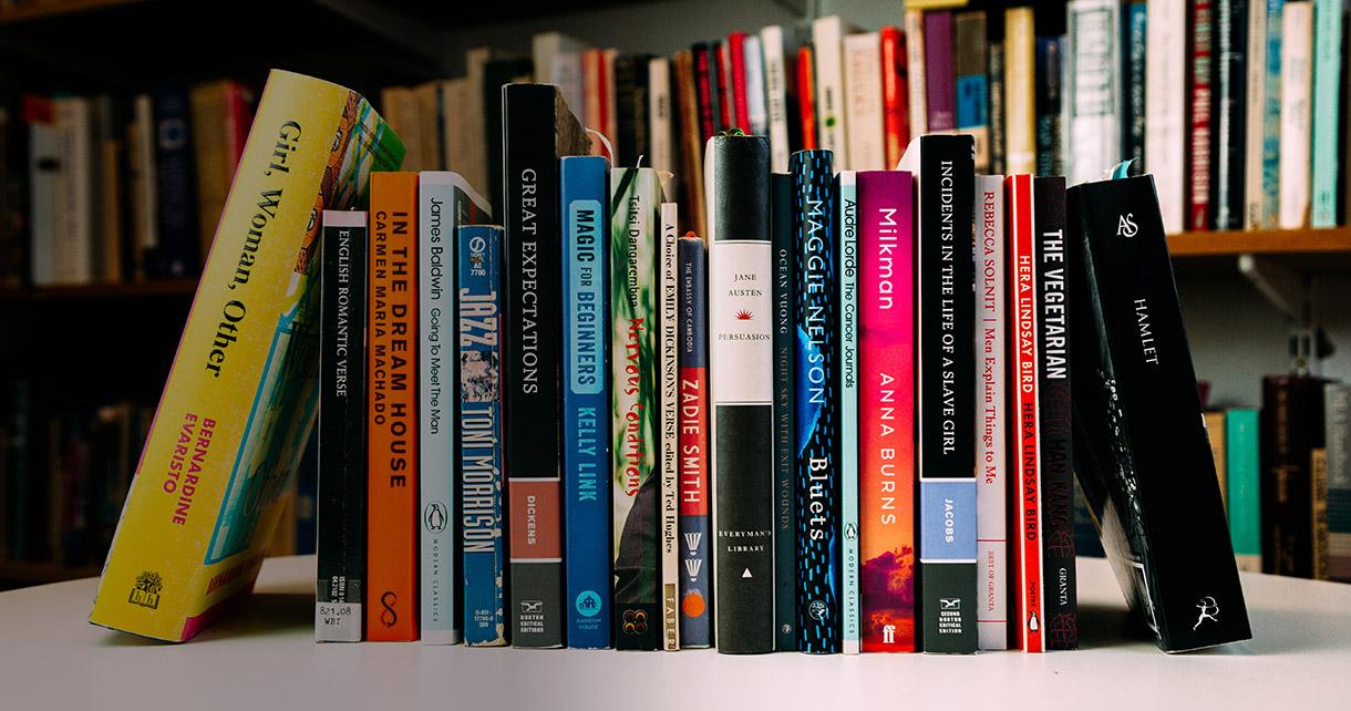 A stack of books in a library.