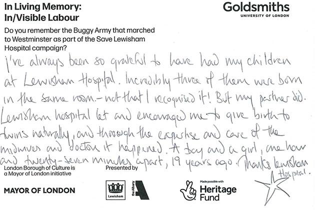 A postcard that reads: 'I've always been so grateful to have had my children at Lewisham Hospital. Incredibly, three of them were born in the same room - not that I recognised it! But my partner did.'
