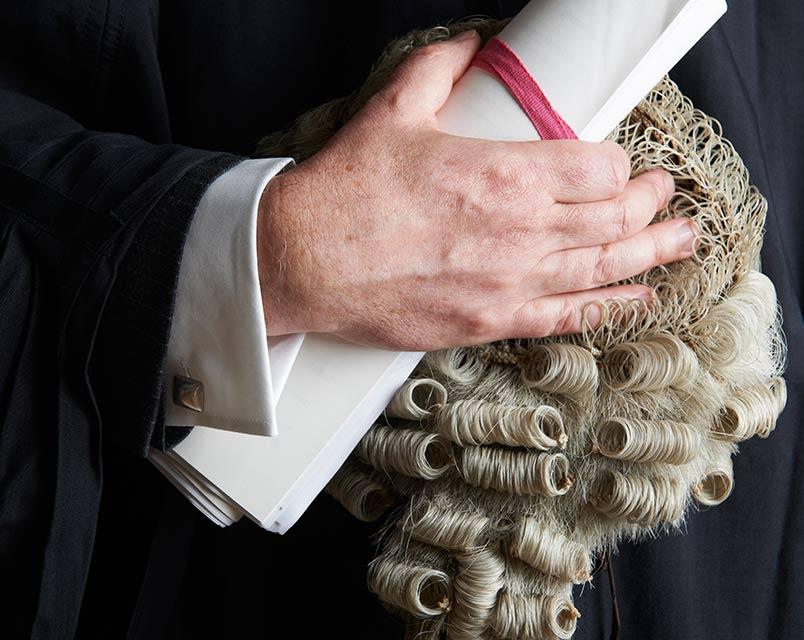 A stock image of a hand holding a wig and scroll.