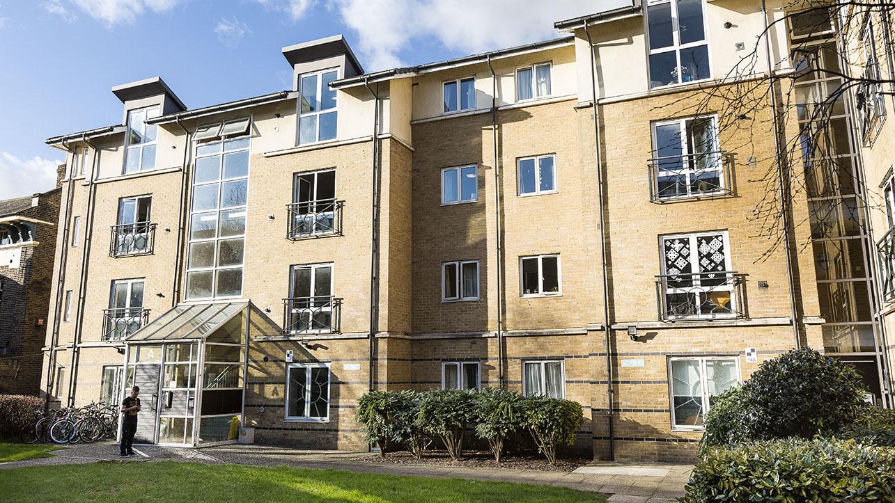 Outside Loring Hall a multi-storey student housing block with grass outside