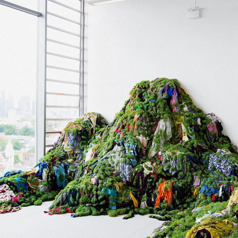 An installation in a white exhibition space against a large window. The installation is a series of green mound with coloured objects