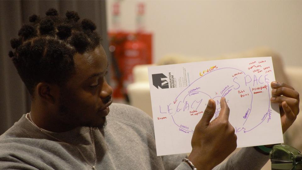 A man gestures towards a hand-drawn diagram on a piece of paper. The words legacy and space are seen