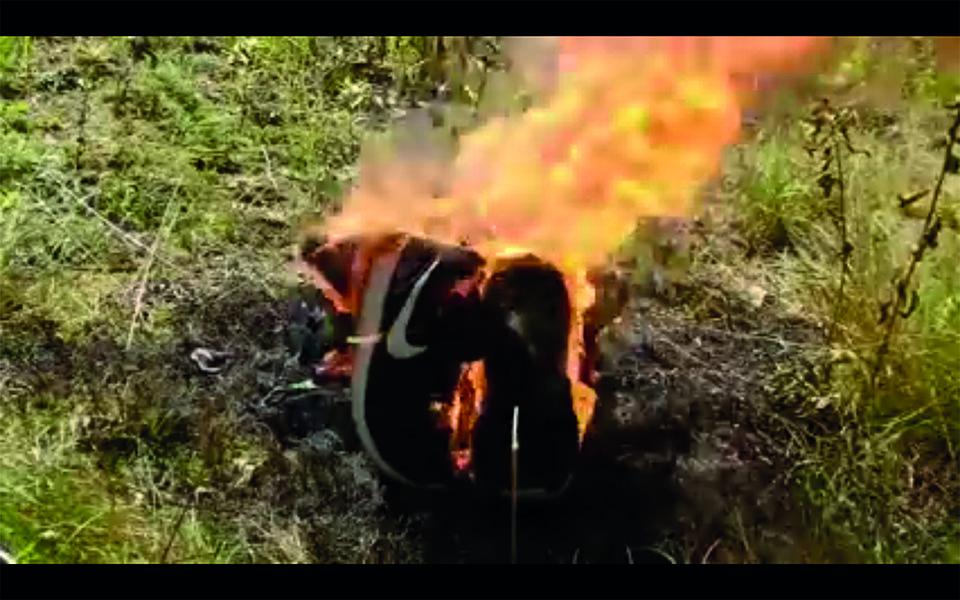 A still from a video, an object is on fire in a patch of green grass