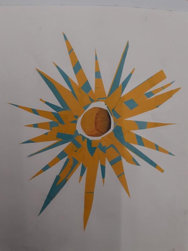 This piece was created by Jane. She creates many mixed media pieces, using collage, tissue paper, colouring pencils, crayons and glue.