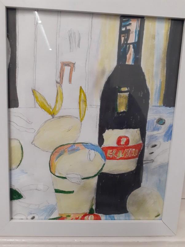 This is a mixed media still life created by Hakki using colouring pencils, liner pens and paint.