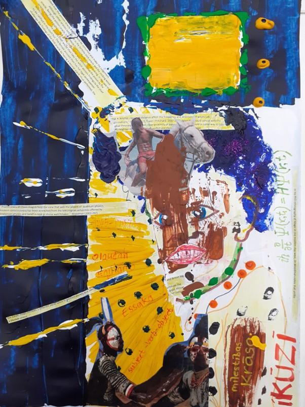 This is one of many vibrant mixed media pieces created by David Narma, using acrylic paint, glue, glitter and magazines.