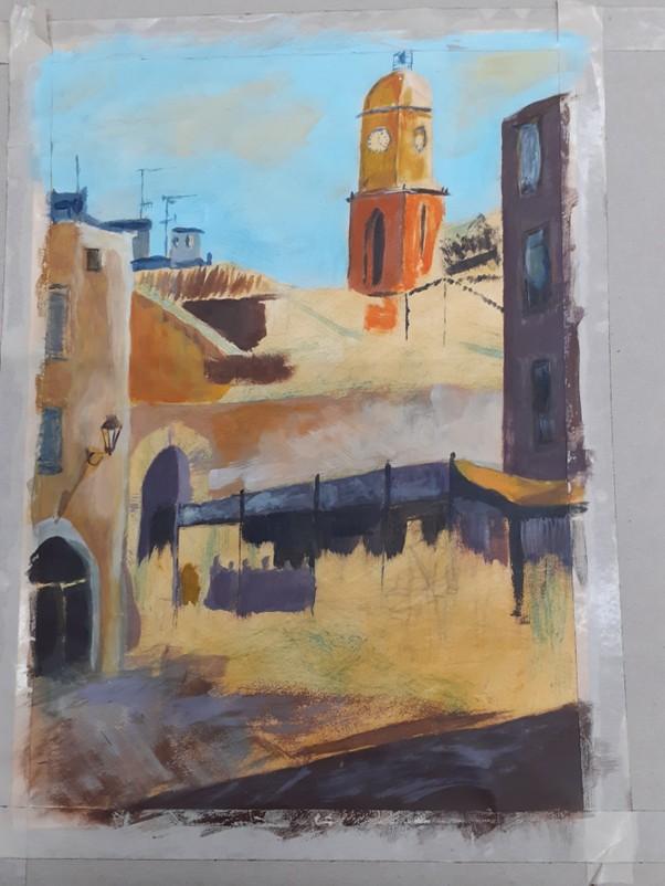 This atmospheric painting completed by Nick, shows great use of light and shade playing off buildings.