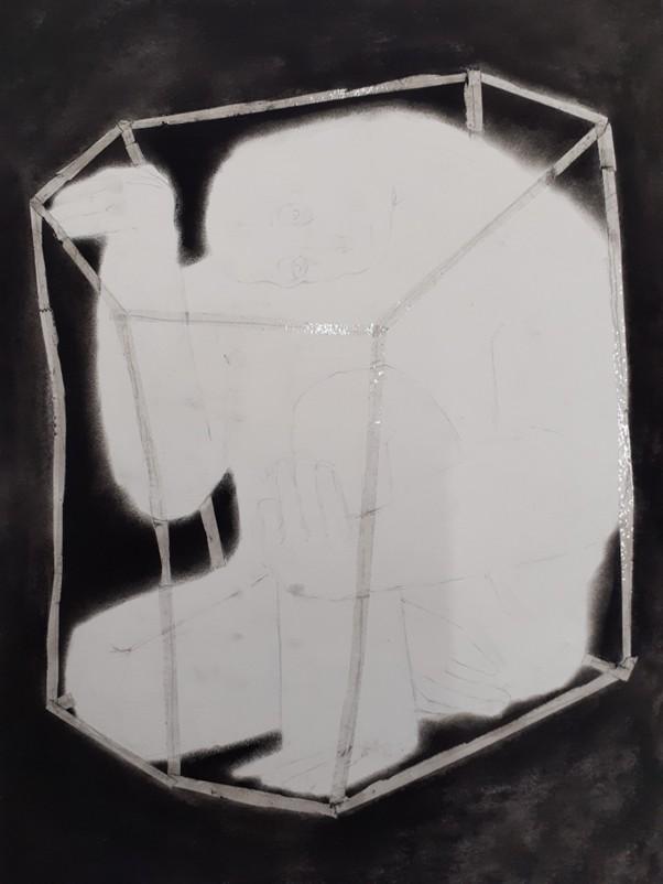 Ethan encourages us to ask questions about this claustrophobic setting by placing a figure in a cage.