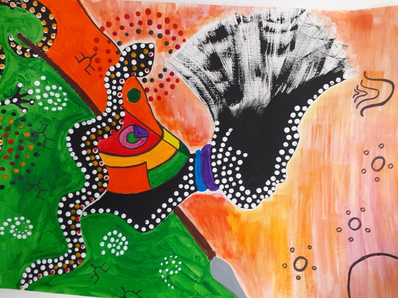 Christine used acrylic paint for this painting style of Australian Aborigines. Great depiction of movement in the figures hair.