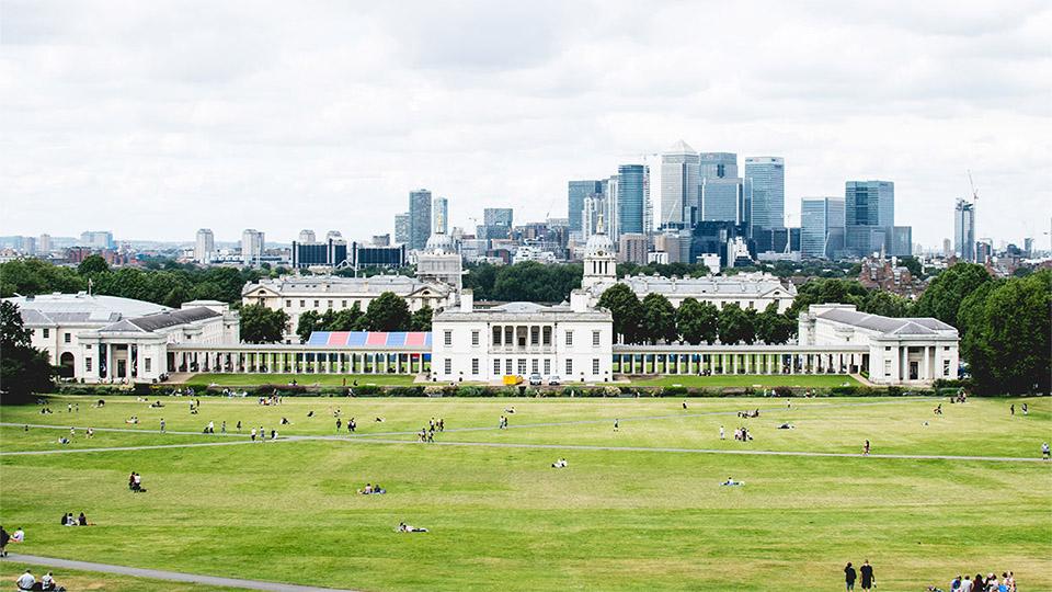 A view of the London skyline, photographed from a hilltop in Greenwich Park