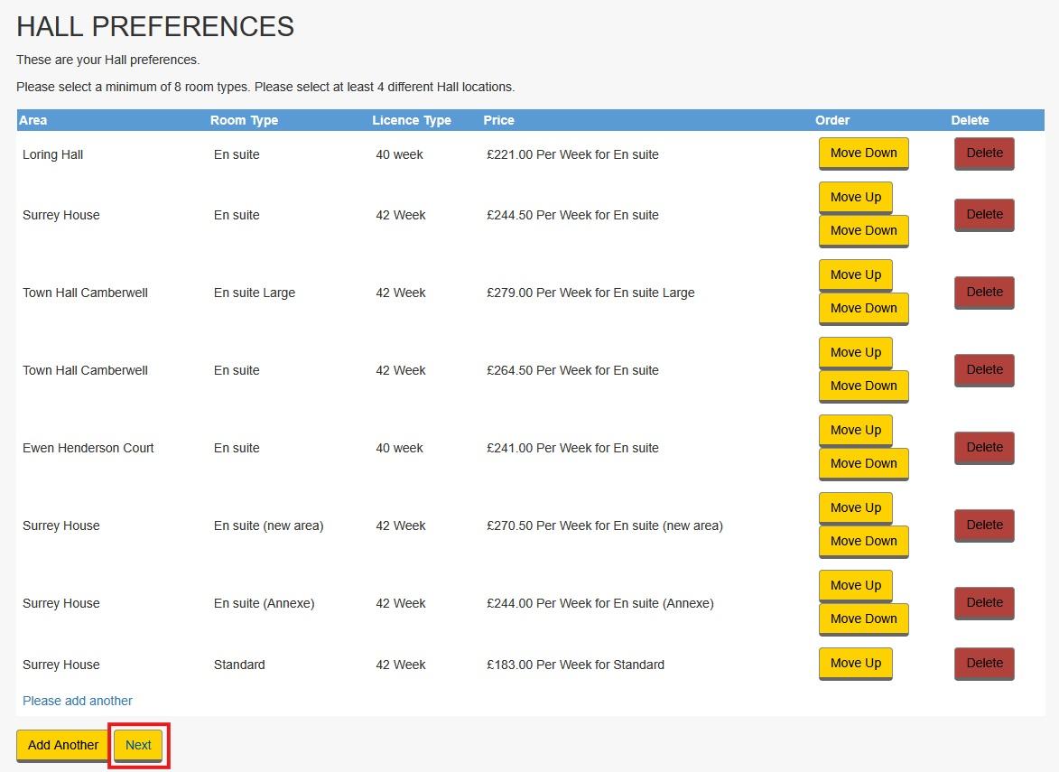 Screenshot of preferences list in online accommodation application portal