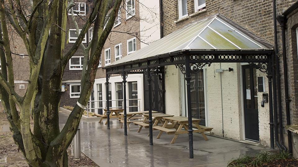 Outside Raymont Hall with a glass porch