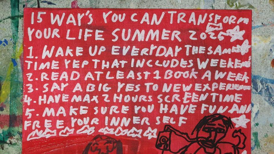 White childlike scrawling on red background