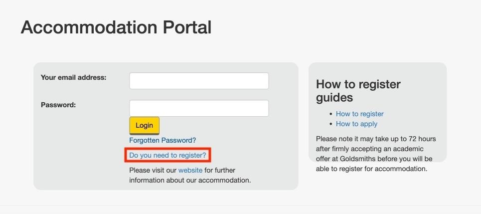 A screenshot of the Goldsmiths portal landing page with a link to registering.
