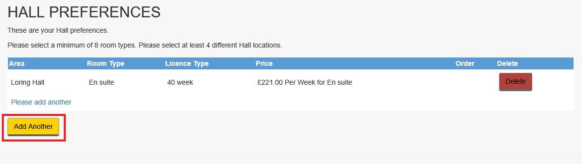 Screenshot of halls preferences screen in the online accommodation application portal