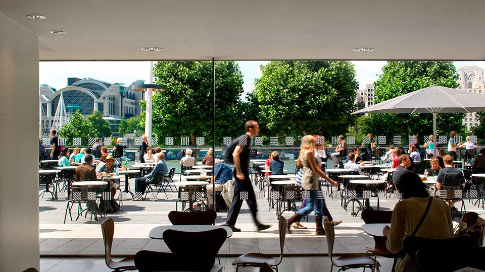 An busy cafe with indoor and outdoor seating