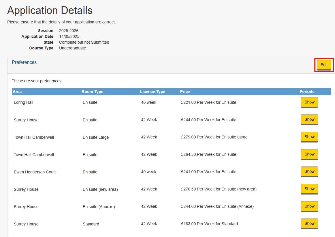 Screenshot of application summary in the online accommodation application portal