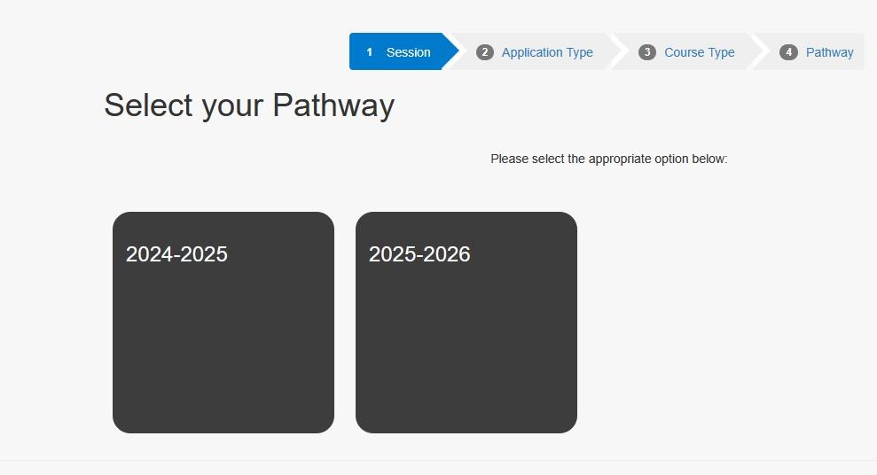 Screenshot of pathway webpage in the online application portal