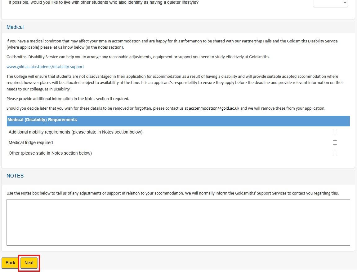 Screenshot of the further details page in the online accommodation application portal