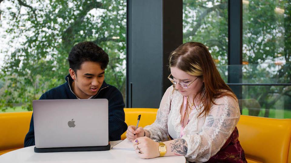 Two students working in Professor Stuart Hall building