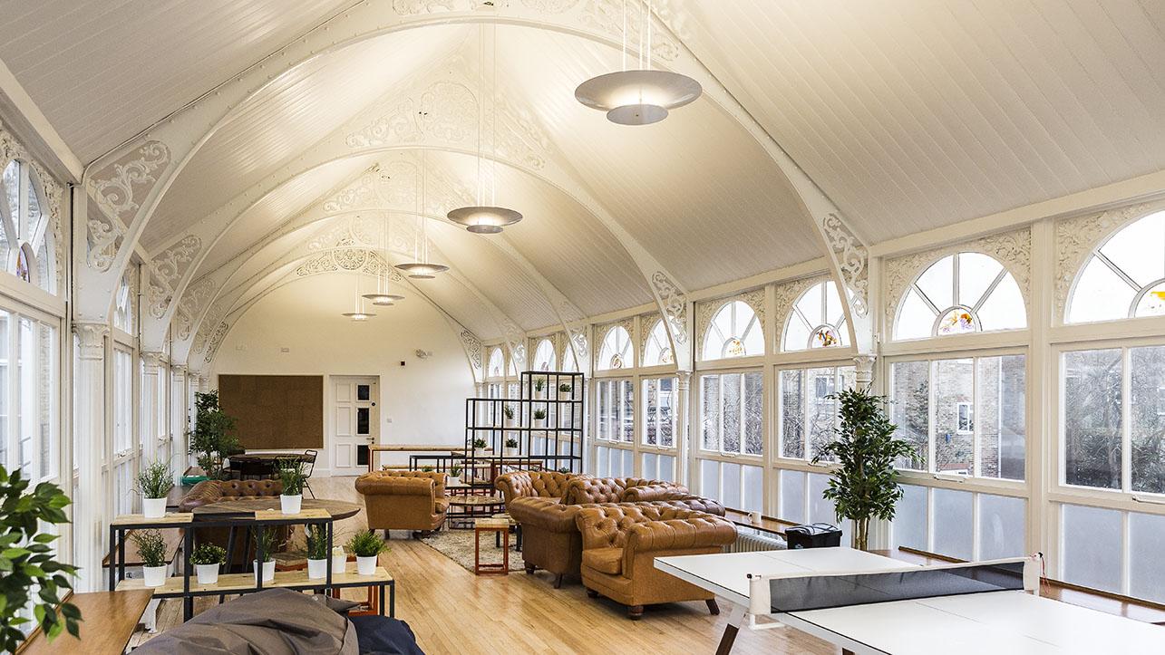 Inside a conservatory set up as a social space in halls