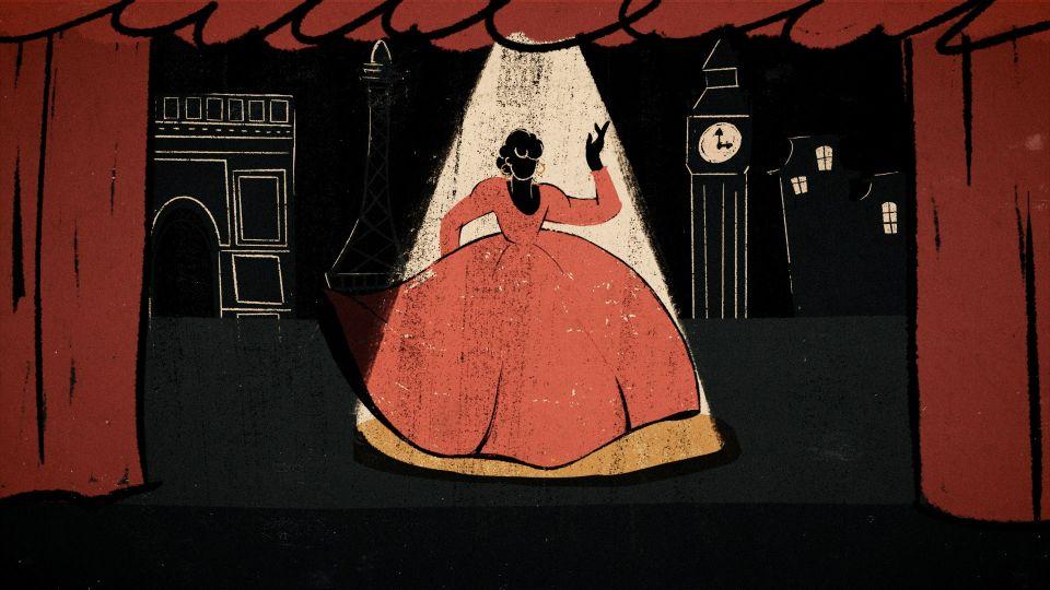 Illustration showing a woman in a red dress on stage, standing under a spotlight.