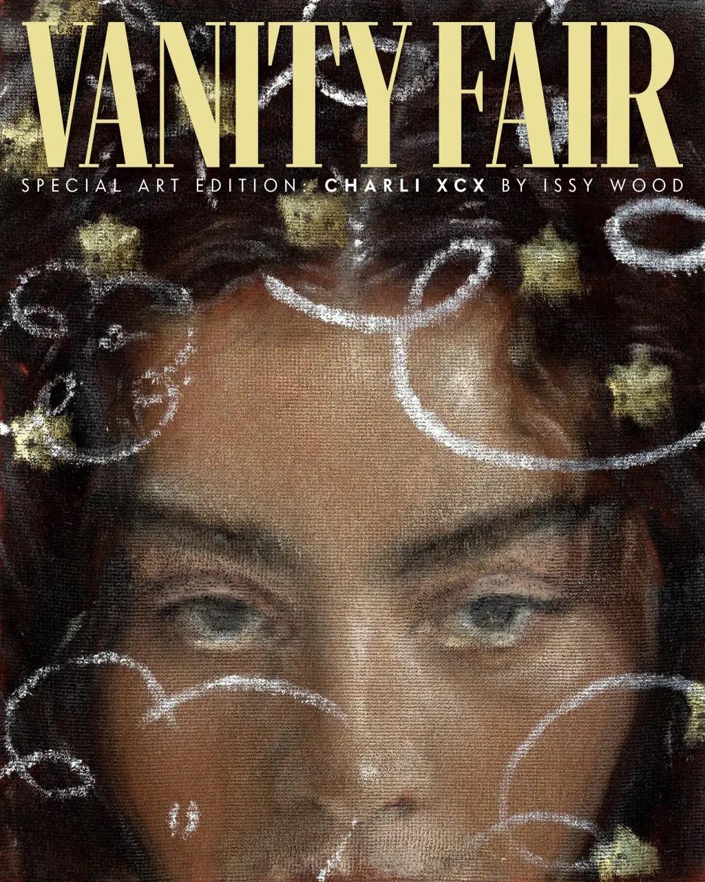 Magazine cover (Vanity Fair) with painted portrait of young woman with dark hair, Charli XCX