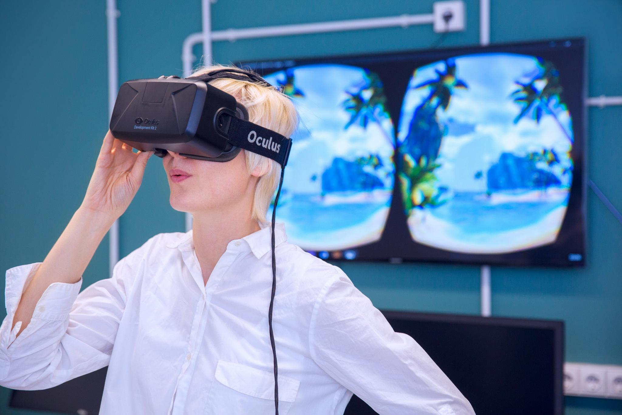 A person wearing a virtual reality headset