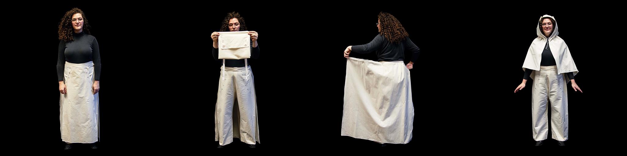 A person models the skirt and shows how it transforms in four stages, showing the satchel and cape. 