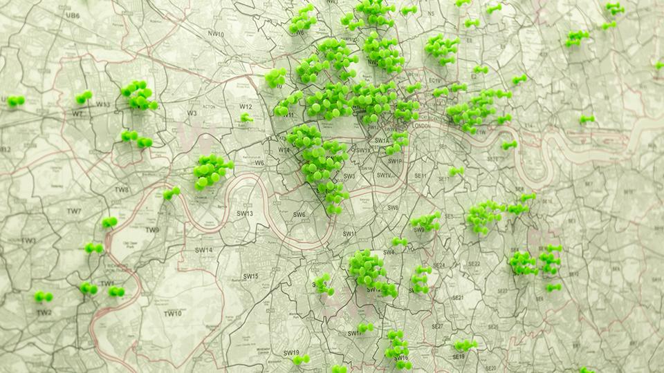 Pins in a London map showing Windrush passenger destinations