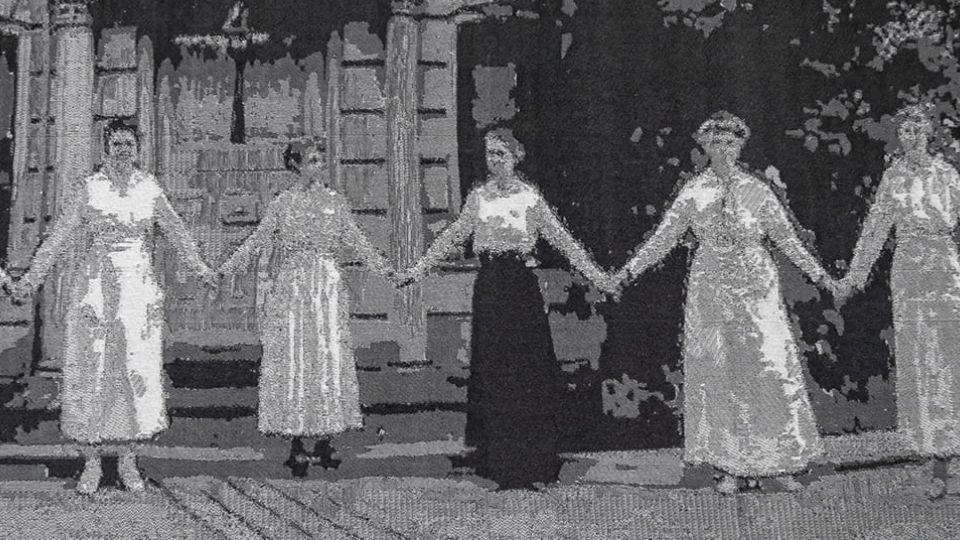 Tapestry depicts grey ghostlike figures holding hands 