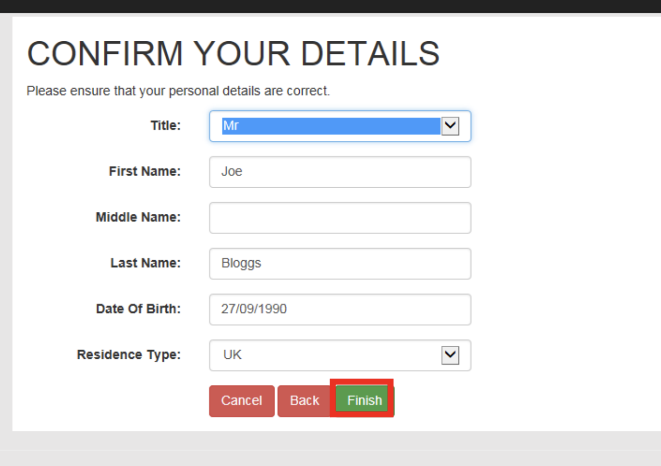 Screenshot of confirm your details page, with the student details fields completed. Following the detail fields are three buttons: cancel, back and finish. The finish button is highlighted with a red-bordered square.