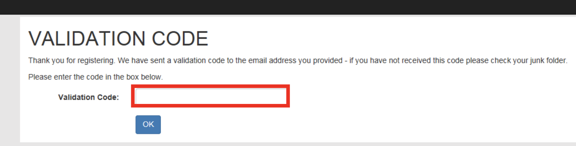 Screenshot of validation code webpage. The field to input your validation code into is highlighted with a red-bordered square.