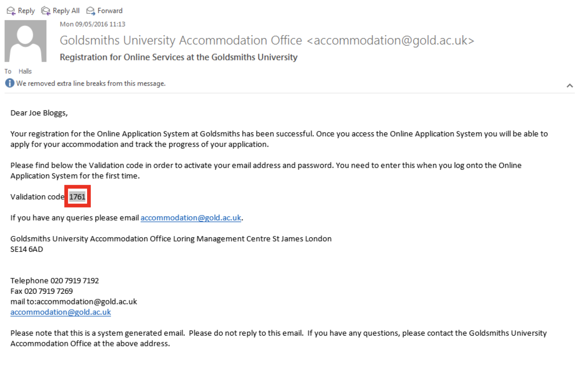 Screenshot of validation email sent by accommodation. The validation code in the body of the email is highlighted with a red-bordered square.