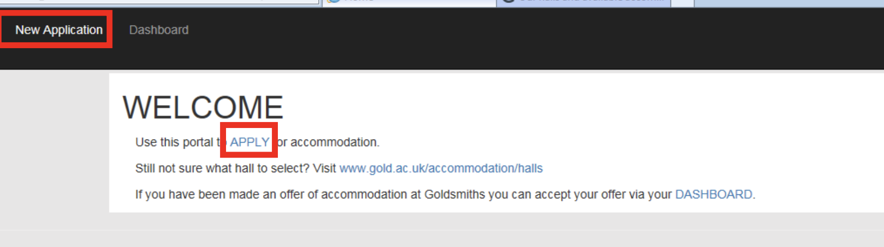 Screenshot of welcome screen of the Goldsmiths application website. The 'new application' and 'apply' links are highlighted with a red-bordered square.