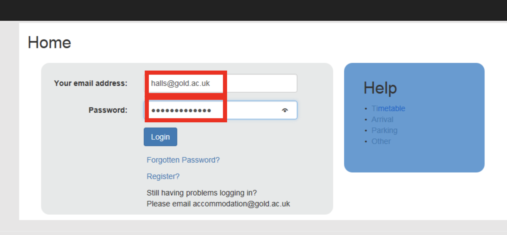 Screenshot of online accommodation application login webpage