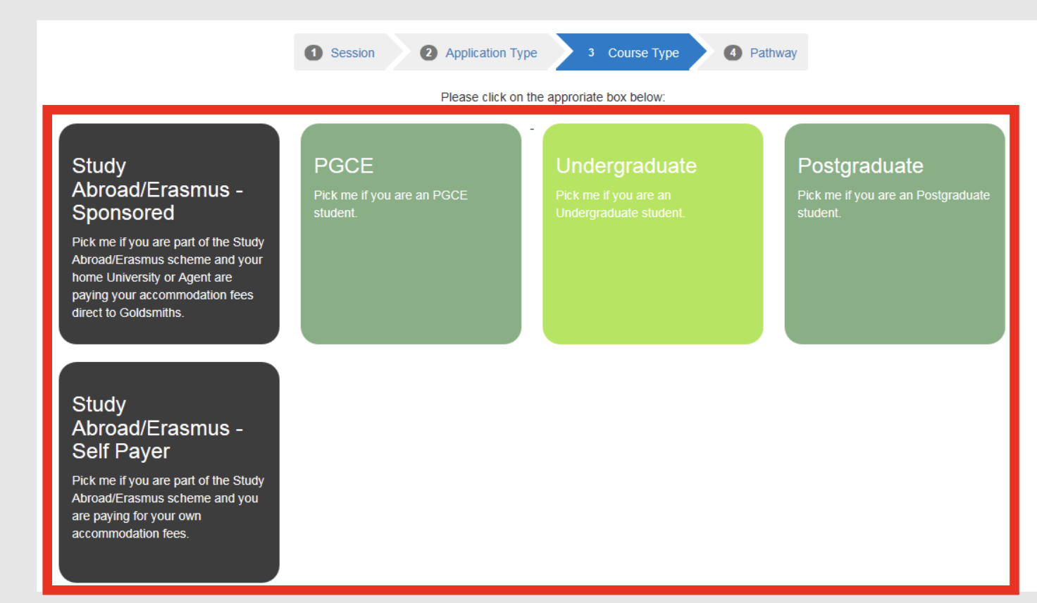 Screenshot of course type selection screen from the online accommodation application portal