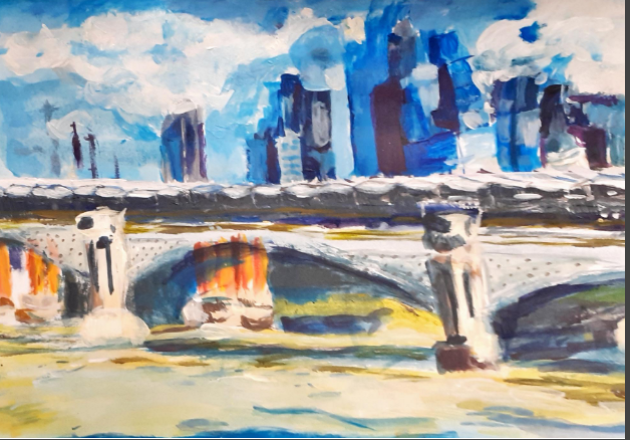 We had an art trip to the Thames, and this is a lovely impression of a view along the Embankment on the day. It's an acrylic. 