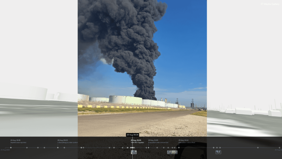 A photograph of a plume of black smoke from the refinery fire is situated within Forensic Architecture’s digital environment with a timeline below