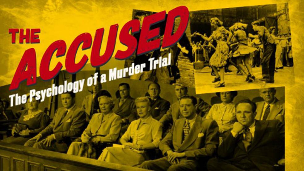 yellow poster for the event with 'the accused' written in bright red across the top left hand corner