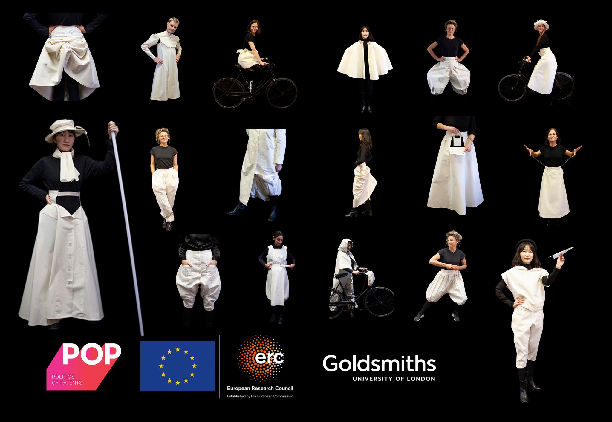 Series of photos of people wearing the historic sportswear reconstructions made from white fabric